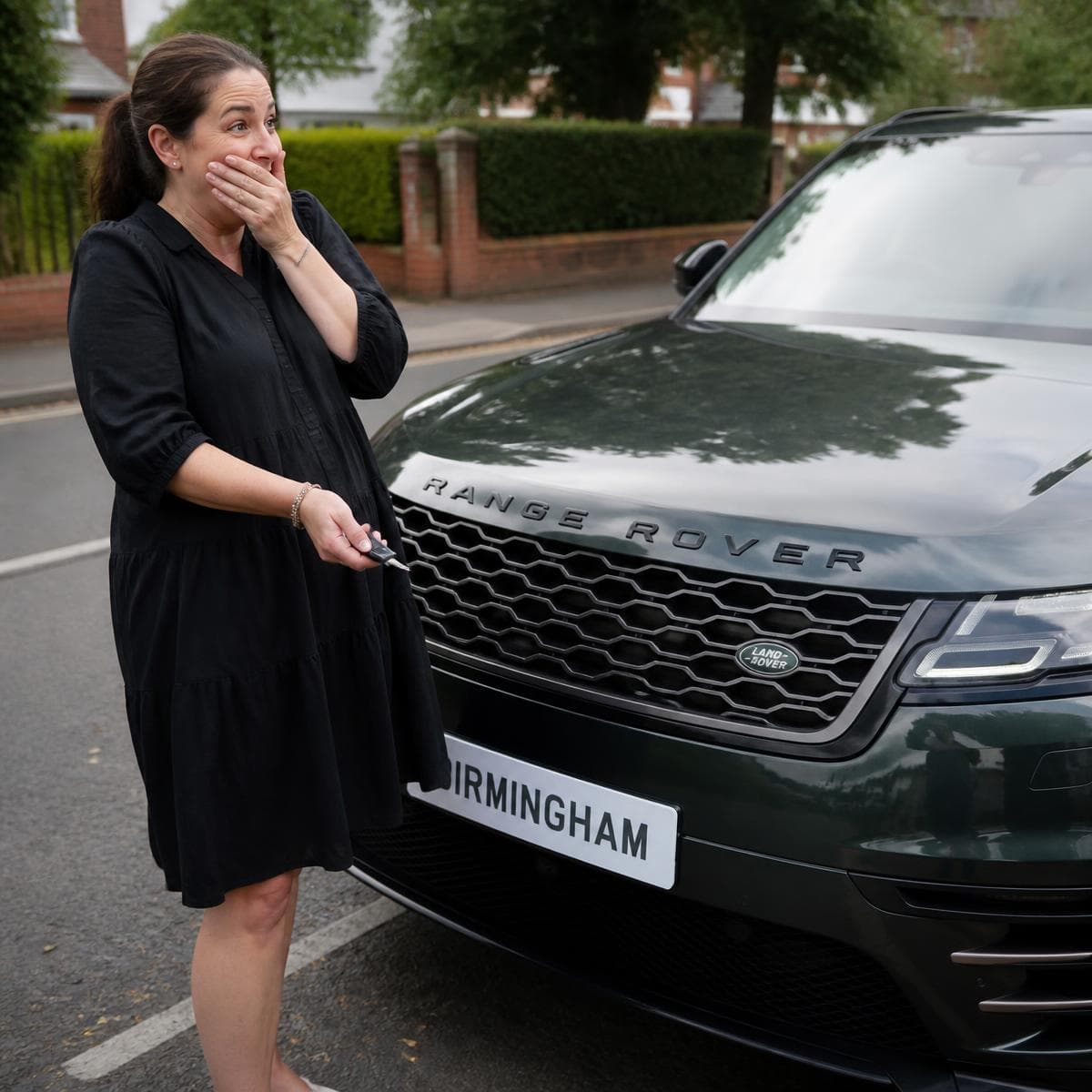 Sarah from Birmingham, visibly emotional, standing beside her new Range Rover